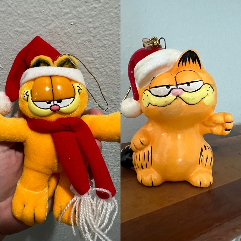 2 Vintage Enesco & Kurt Adler Garfield Christmas Holiday Ornament 1981 1978